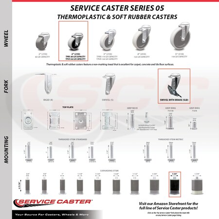Service Caster 2 Inch Thermoplastic Rubber Wheel 1-3/4 Inch Expanding Stem Caster with Brake SCC-EX05S210-TPRS-SLB-134